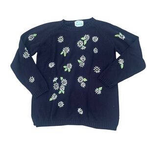 Vintage Quacker Factory Sweater Medium‎ Black White Flowers Comfy Everyday